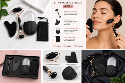 Kit de massage du visage en pierre noire (obsidienne) 4-en-1 ou Kit de soin du visage Gua Sha & rouleau de massage.